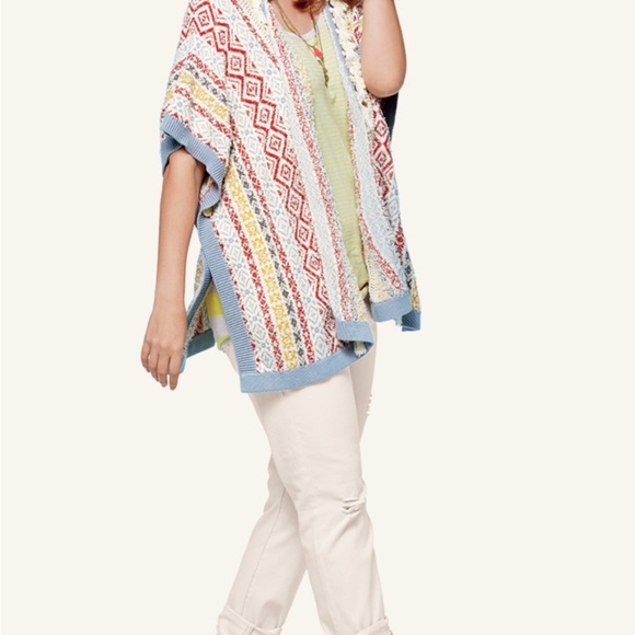 CAbi Red Yellow and Gray Fringe Geographic Knit Poncho Sweater Kimono - Picture 2 of 13